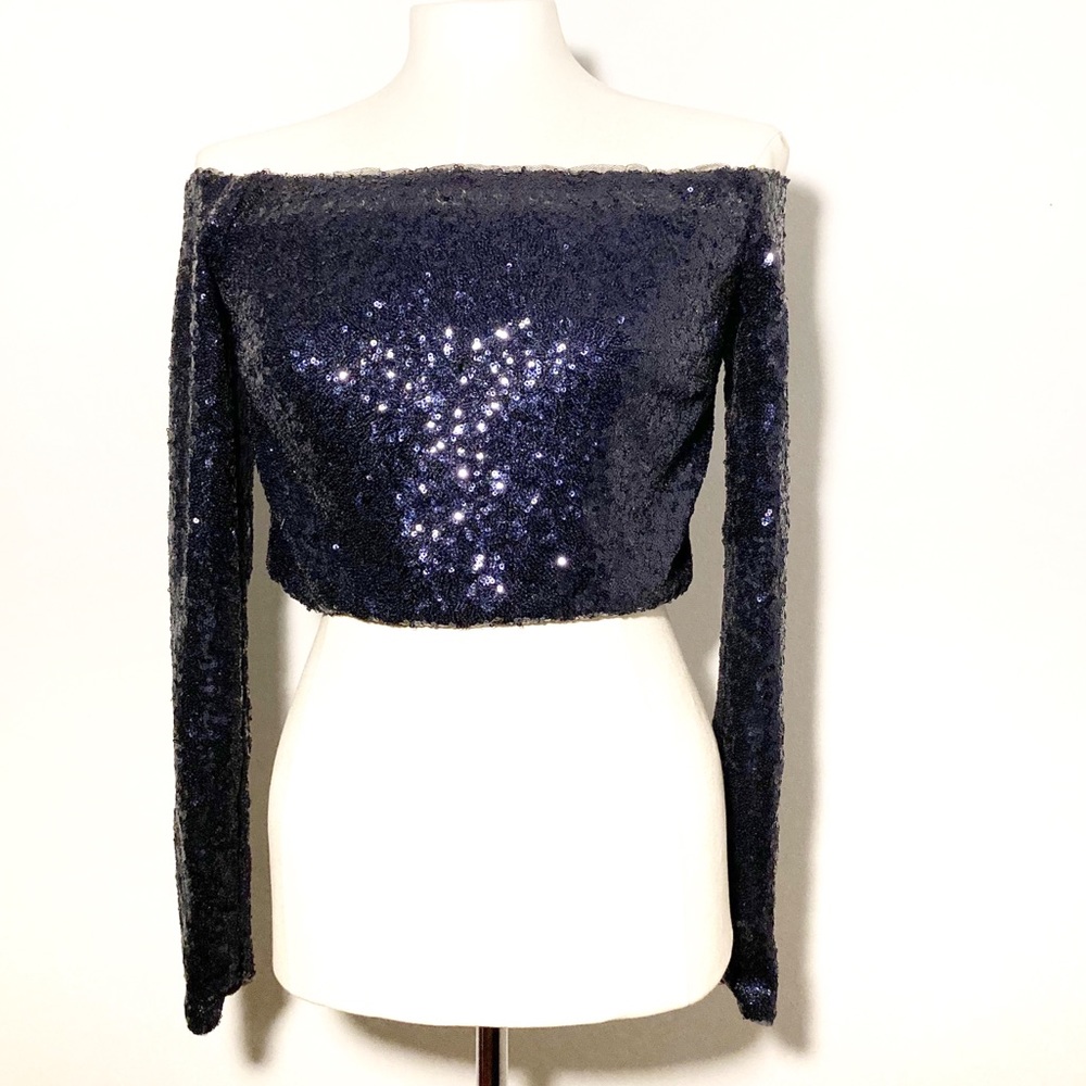Navy Sequin Off Shoulder Crop Top Long Sleeve Y2K Party Clubwear Glam
